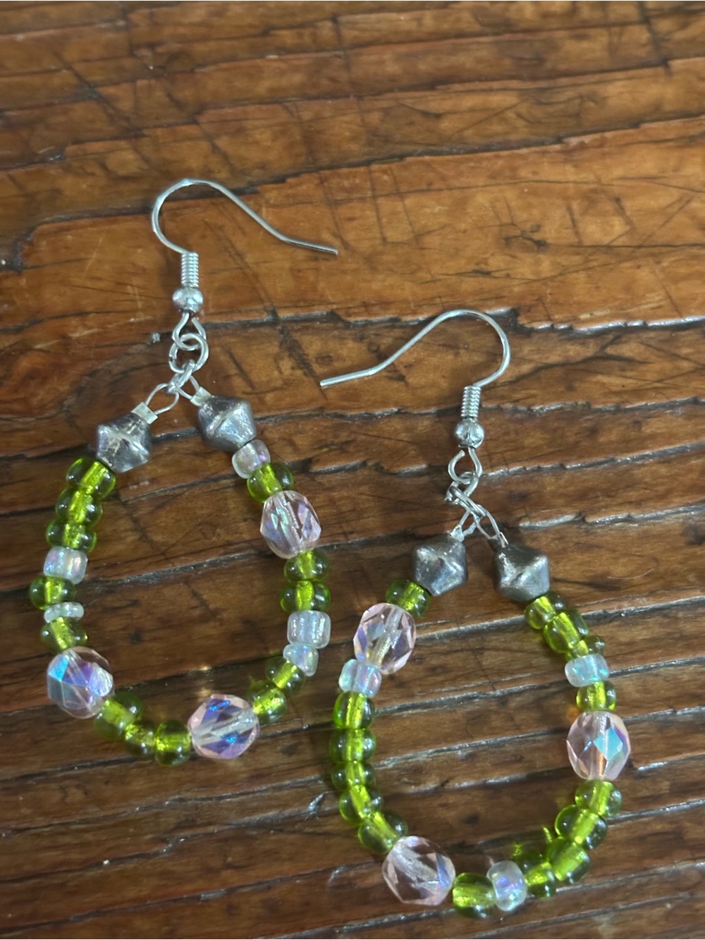 Green Beaded Hoop Drop Earrings - Unbranded